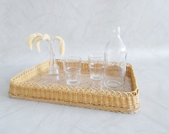 Serving tray made of rattan and wood, rattan serving stock, kitchen décor wood