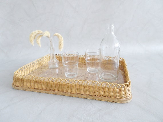 Serviertablett aus Rattan und Holz, Rattan Servierbedarf, Küchendekor Holz