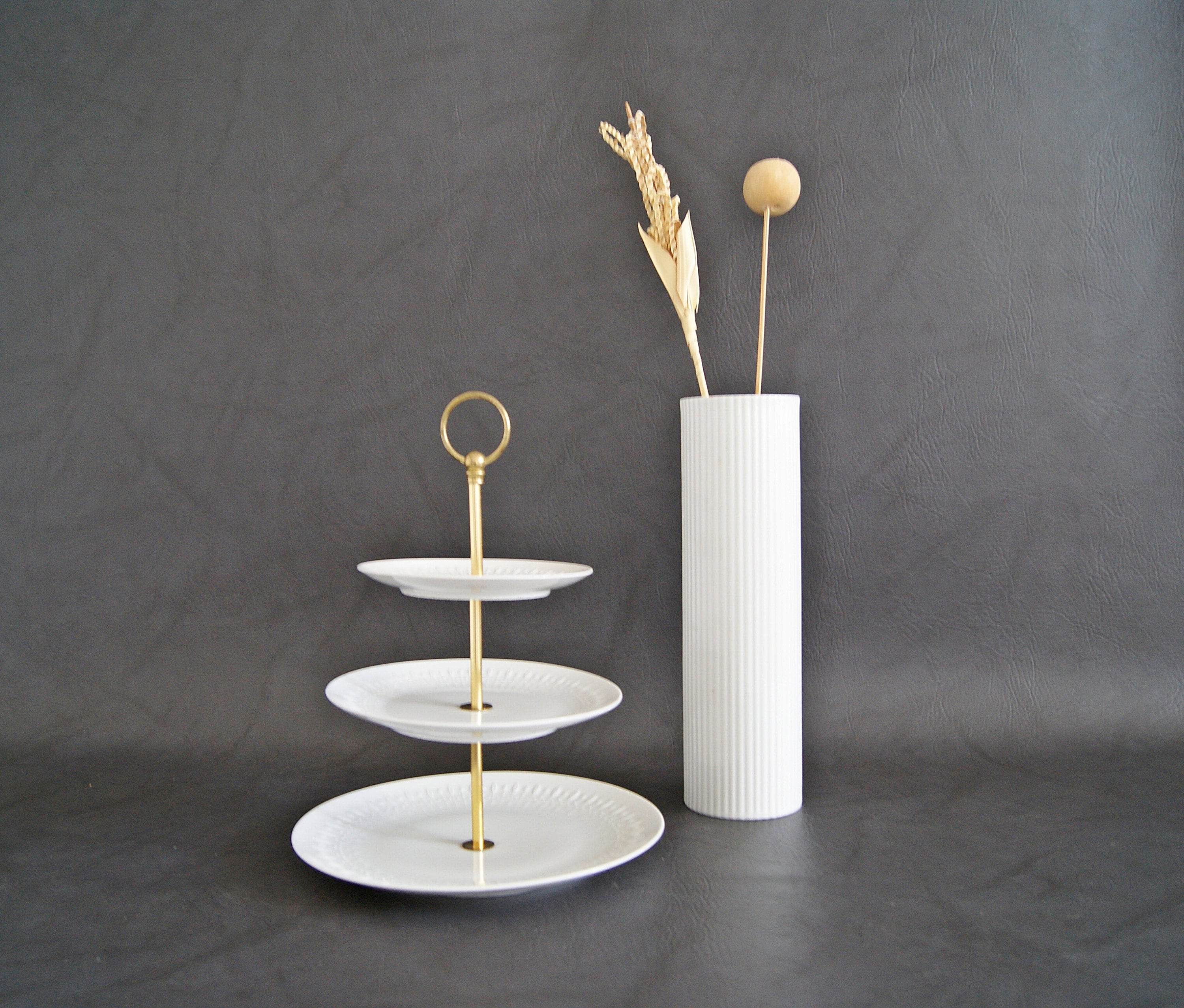 Large white porcelain Etagere with brass handle, offer bowl, porcelain