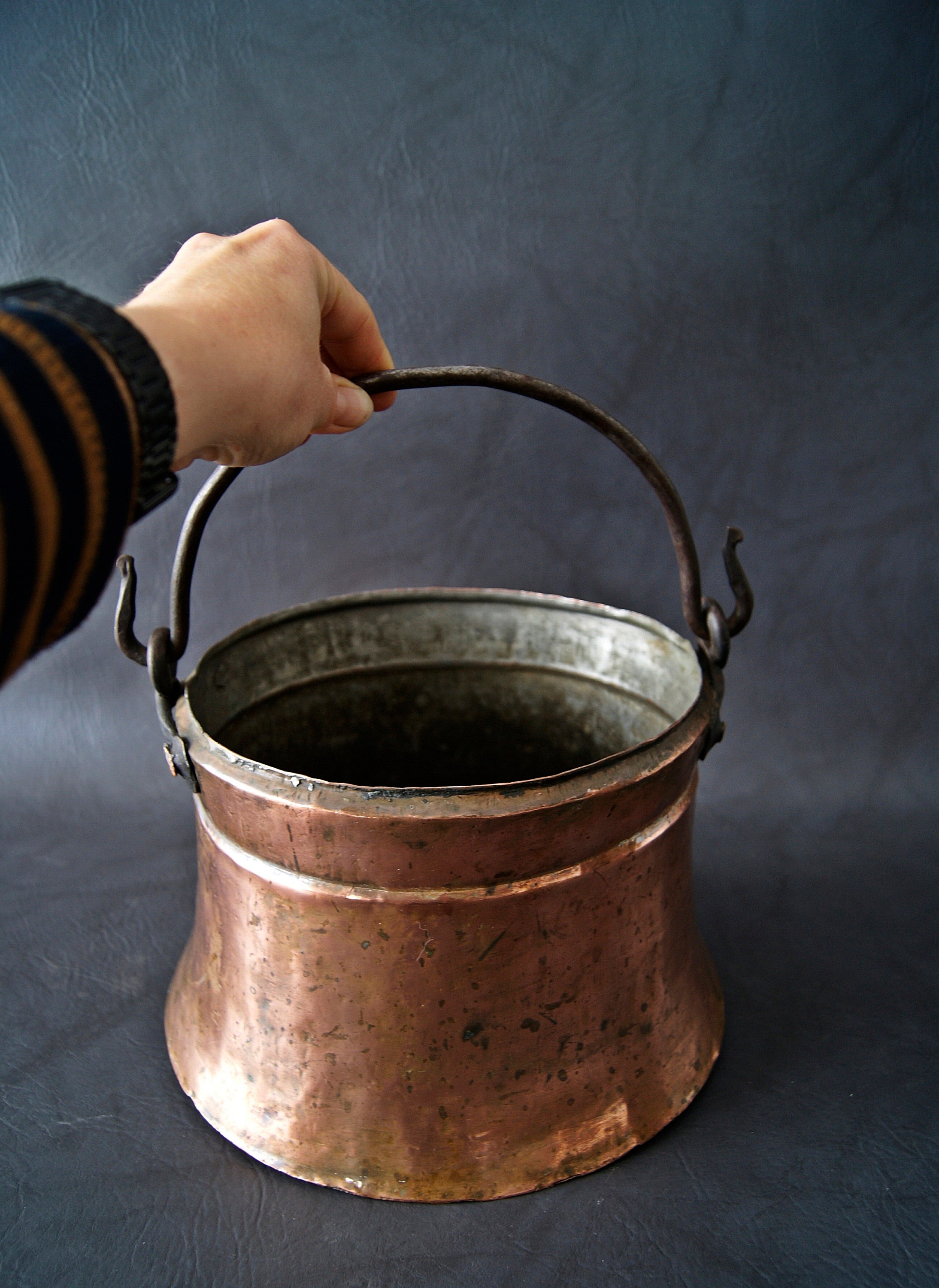 antique pot bucket with handle of copper and iron 18th century, fire