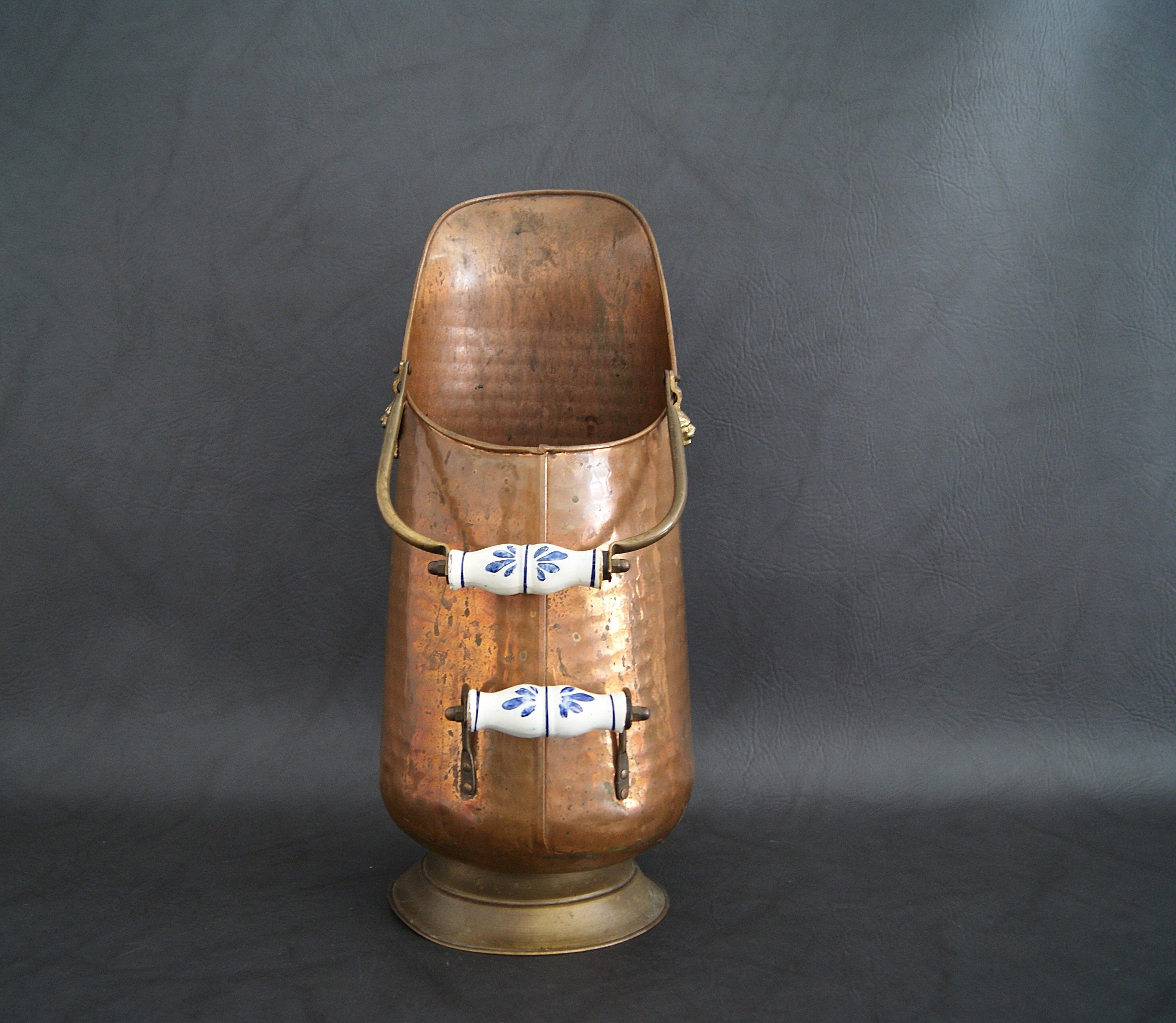 Copper bucket, coal bucket, copper and brass with porcelain handles