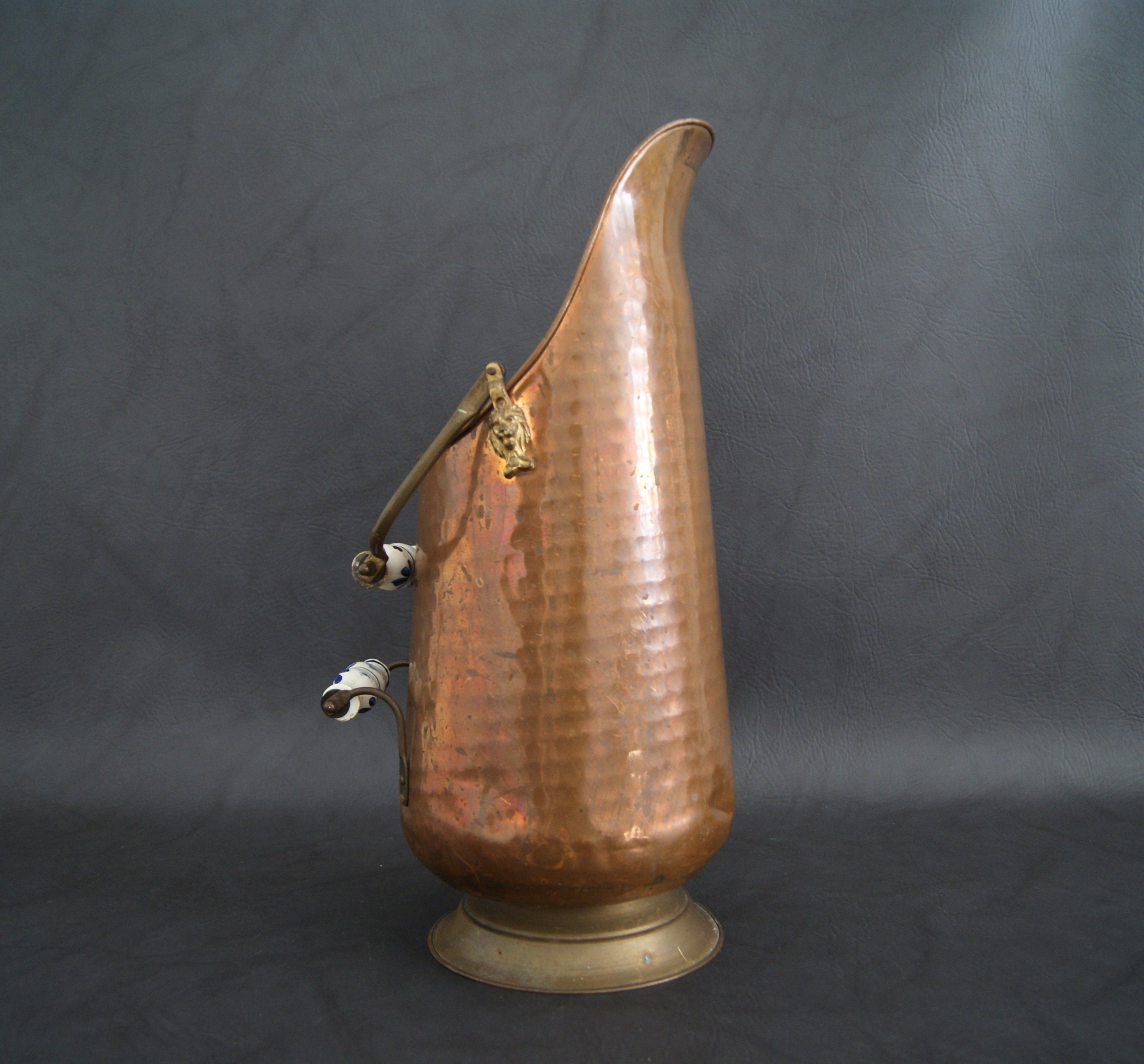 Copper bucket, coal bucket, copper and brass with porcelain handles