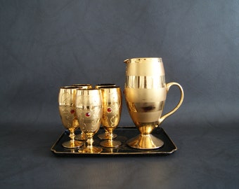 Wine Glasses with Carafe in Gold, 1950s Bar Set, Hollywood Regency Bar Accessories