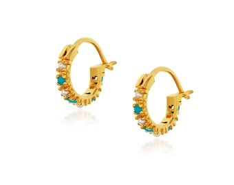 Turquoise earrings, Turquoise mini Hoops, Turquoise and Pearl Hoops, Natural Turquoise Hoops, Gold plated Turquoise Hoops