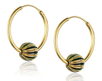 Gold Hoops, Gold Hoops with Enamel ball, Green enamel Hoops, Hoops with beads