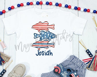 Boys 4th of July Bass fish shirt  / Patriotic fish / Personalized 4th of July Kids Shirt