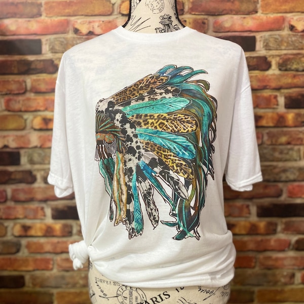 Indian Head Dress Tee Shirt / Turquoise Head dress Shirt / Indian feather Shirt