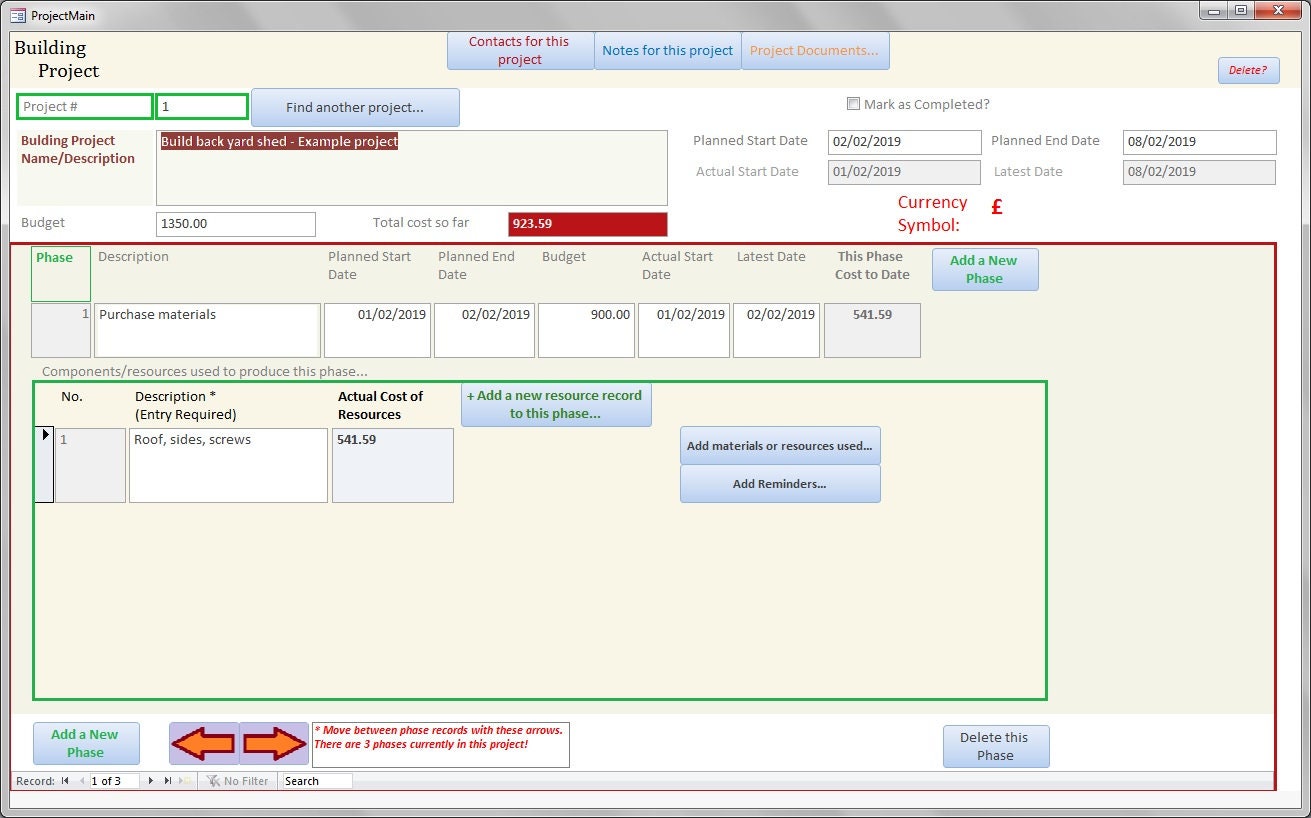 Project Manager / management database for small projects. Keep track of expenses and budgets for different stages of a project