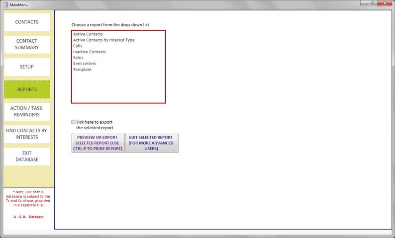 以下が含まれることがあります： 白い背景のソフトウェアインターフェースのスクリーンショット。左側には「連絡先」や「レポート」などのオプションがある垂直メニューがあります。右側には、「アクティブな連絡先」を含むレポート選択用のドロップダウンリストが表示されます。