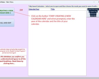 Calendar Generator database. Create your calendars in this MS Access database template - A4 size (Gregorian) Calendars for any year.