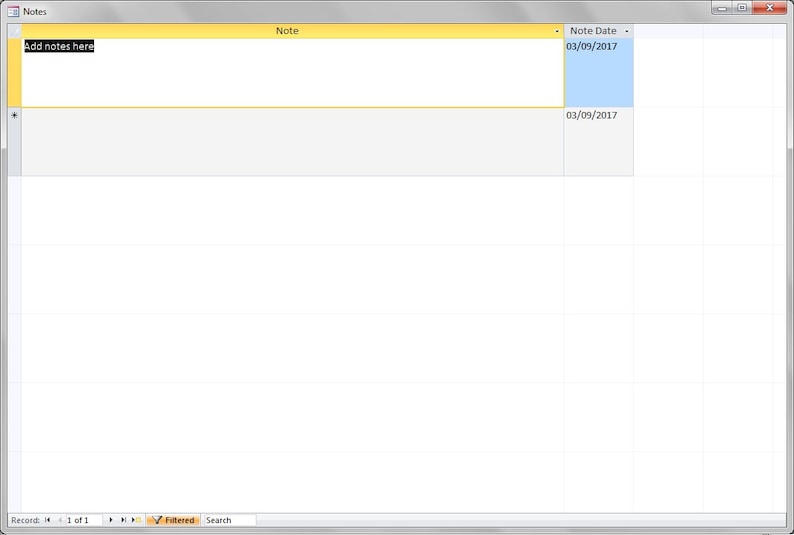 以下が含まれることがあります： デジタルメモアプリのスクリーンショット。インターフェースは、タイトル「Notes」の黄色いヘッダーを備えています。「Add notes here」と書かれたテキストボックスがあります。日付「03/09/2017」が青いボックスに表示されています。