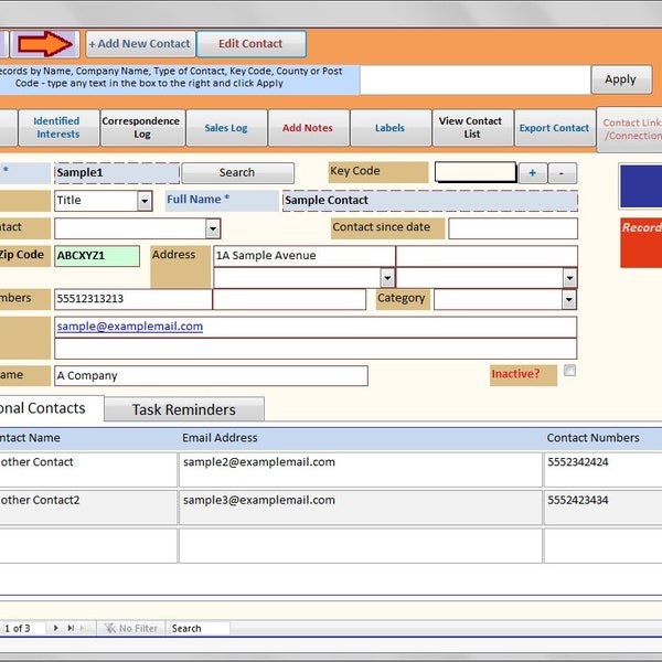 Easy Contact (Customer) Manager Tracker CRM. MS-Access database software template with Customers, Leads, Log Sales, Tasks
