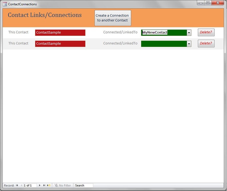以下が含まれることがあります： 「Contact Links/Connections」というタイトルのソフトウェアインターフェースのスクリーンショット。インターフェースには2つの連絡先エントリが表示され、それぞれに「ContactSample」という赤いバーがあります。新しい接続を作成するためのボタンと、「MyNewContact」というドロップダウンメニューがあります。