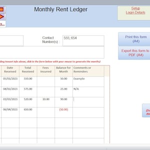 May include: A monthly rent ledger form with fields for tenant information, rent amount, and monthly payments. The form includes columns for date due, total due, date received, total received, fees incurred, balance for the month, and comments or reminders. The form is titled "Monthly Rent Ledger".