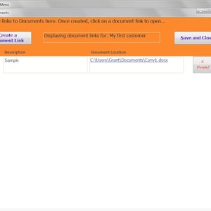 以下が含まれることがあります： オレンジ色のヘッダーと白い背景のソフトウェアインターフェースのスクリーンショット。インターフェースには、ドキュメントリンクを作成および管理するためのオプションが表示されます。テキストには「Create a document Link」、「Displaying document links for: My first customer」および「Save and Close」が含まれています。