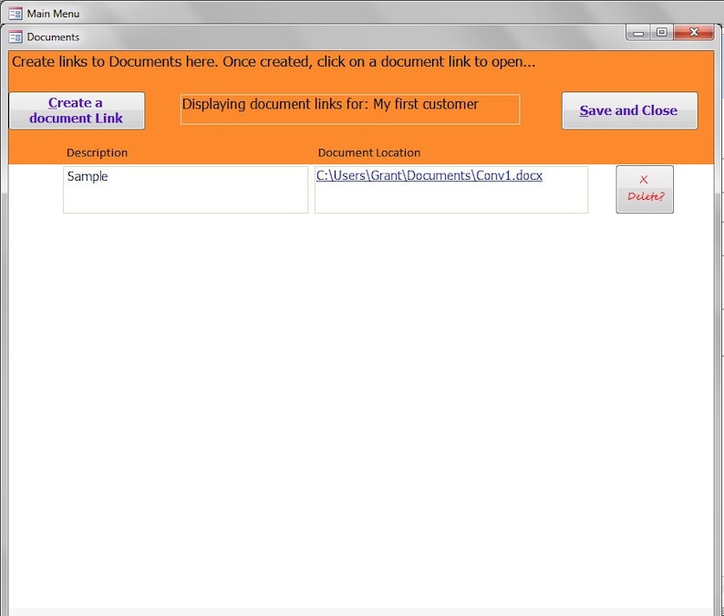以下が含まれることがあります： オレンジ色のヘッダーと白い背景のソフトウェアインターフェースのスクリーンショット。インターフェースには、ドキュメントリンクを作成および管理するためのオプションが表示されます。テキストには「Create a document Link」、「Displaying document links for: My first customer」および「Save and Close」が含まれています。