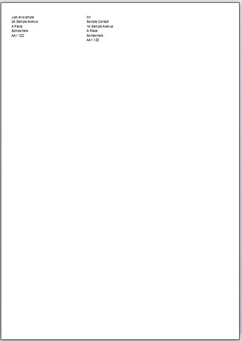 以下が含まれることがあります： 黒いテキストが入った白いドキュメント。テキストには、「2A Sample Avenue, A Place, Somewhere, AA1 1ZZ」と「1A Sample Avenue, A Place, Somewhere, AA1 1ZZ」の2つの住所と、「Just an example」と「Mr Sample Contact」の名前が含まれています。
