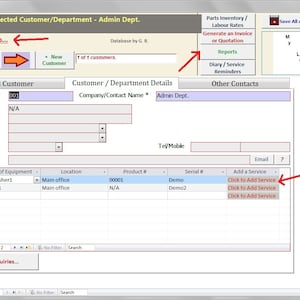 Könnte beinhalten: Ein Computerbildschirm zeigt ein Kundenmanagementsystem mit Feldern für Kundendetails, Ausrüstung und Dienstleistungen. Der Bildschirm zeigt eine Liste von Geräten, darunter einen Feuerlöscher und einen Kopierer, mit Optionen zum Hinzufügen von Dienstleistungen.