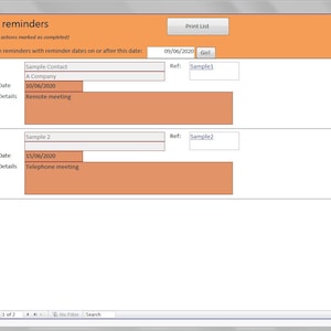 以下が含まれることがあります： 「Action reminders」というタイトルのソフトウェアインターフェースのスクリーンショット。インターフェースには、名前、会社、リマインダーの日付、詳細などの詳細を含むリマインダーのリストが表示されます。インターフェースにはオレンジ色のヘッダーと白い背景があります。