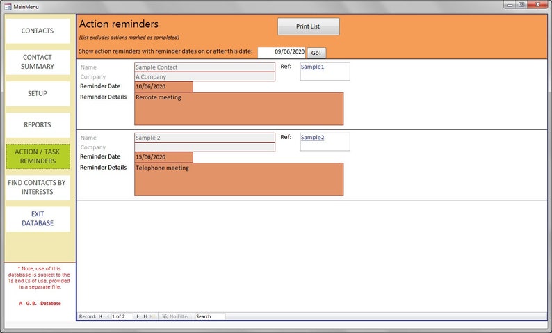 以下が含まれることがあります： 「Action reminders」というタイトルのソフトウェアインターフェースのスクリーンショット。インターフェースには、名前、会社、リマインダーの日付、詳細などの詳細を含むリマインダーのリストが表示されます。インターフェースにはオレンジ色のヘッダーと白い背景があります。
