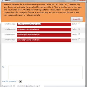 以下が含まれることがあります： 「GetEmails」というタイトルのソフトウェアインターフェースのスクリーンショット。インターフェースには、選択用のチェックボックスが付いたメールアドレスのリストが表示されます。上部のオレンジ色のバナーには指示が記載されています。選択したアドレスを貼り付けるためのテキストボックスがあります。