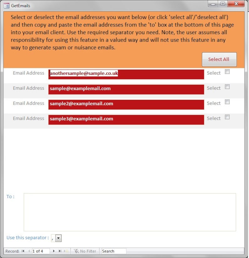 以下が含まれることがあります： 「GetEmails」というタイトルのソフトウェアインターフェースのスクリーンショット。インターフェースには、選択用のチェックボックスが付いたメールアドレスのリストが表示されます。上部のオレンジ色のバナーには指示が記載されています。選択したアドレスを貼り付けるためのテキストボックスがあります。