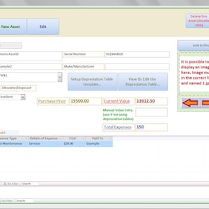 May include: A computer screen displaying a form titled "Assets." The form includes fields for asset description, model, location, and financial details. Buttons include "New Asset" and "Edit."
