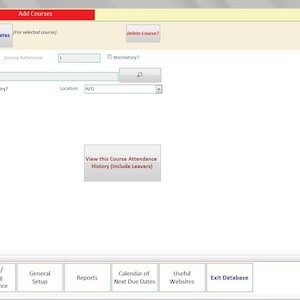 Puede incluir: Captura de pantalla de una interfaz de base de datos titulada "A.G.B. Database". La interfaz incluye campos para detalles del curso, como "Course Title" y "Expiry period". Los botones incluyen "Add Another Course" y "Print General Certificates".