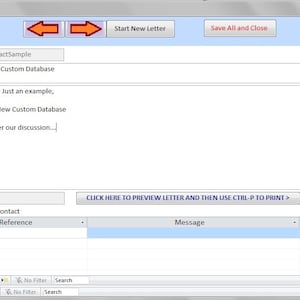 以下が含まれることがあります： 「Letters」というタイトルのソフトウェアインターフェースのスクリーンショット。インターフェースには、受信者、メモ、手紙の内容のフィールドが含まれています。「Start New Letter」と「Save All and Close」のテキストが表示されます。手紙の内容には「Dear Just an example, Re: New Custom Database, As per our discussion...」というテキストが含まれています。