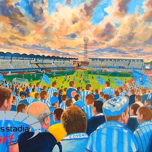 May include: A painting of a soccer stadium filled with spectators wearing light blue and white striped jerseys. The scene depicts a match on a green field under a dramatic sunset sky with clouds. The text sports stadia art is visible.