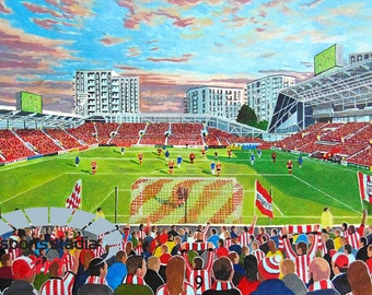 May include: A painting of a football stadium with a crowd of supporters, players, and flags. The pitch is green, and the stands are red. The sky is a mix of orange, pink, and blue. The text "sportsstadia" is visible.
