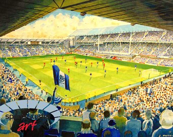 May include: A watercolor painting of a crowded football stadium during a match. The field is bright green with players in red and blue uniforms. A blue flag with a white emblem is visible in the foreground. The text sportstadia art is present.