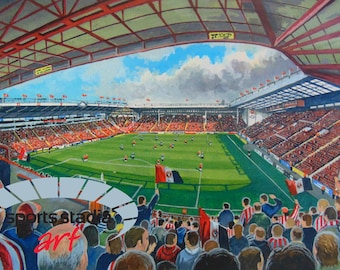 May include: A painting of a football stadium with a green field and red seats. The stands are full of fans wearing red and white jerseys. The sky is blue with white clouds. The painting is signed "sports stadium art".