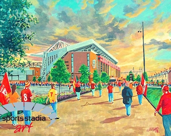 Puede incluir: Una pintura artística de un estadio con aficionados caminando hacia él. La obra presenta un edificio rojo y marrón con un gran techo, y personas con camisetas rojas y amarillas. El cielo es una mezcla de naranja, amarillo y azul.