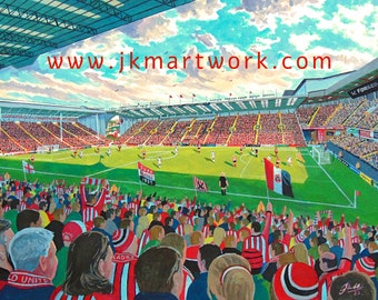 May include: A painting of a football stadium with a large crowd of fans in the stands. The field is green and there are players in white and black uniforms. The stadium is surrounded by a large crowd of fans in red and white jerseys. The text "www.jkartwork.com" is visible at the top of the image.