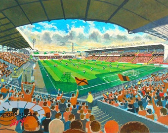 May include: A painting of a football stadium with a green field and a crowd of people in the stands. The painting is done in a realistic style and shows the excitement of a football match.