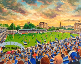 May include: A painting of a football stadium with a crowd of fans in blue and white striped shirts. The stadium is surrounded by trees and buildings. The sky is a vibrant orange and yellow with dark clouds. The text "sports stadia" is visible in the lower left corner of the image.