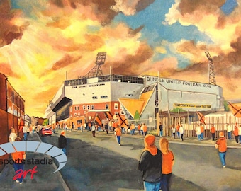 May include: A painting of a football stadium with fans walking towards the entrance. The stadium is painted in shades of gray and orange with the words "Dundee United Football Club" on the side. The sky is painted in shades of yellow, orange, and blue.