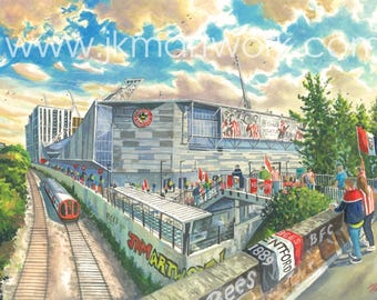 May include: Watercolour painting of a stadium with a train track in the foreground. The stadium has a red and white logo and a mural of people. People are walking on a sidewalk with flags.
