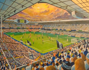 May include: A painting depicting a football stadium with a green pitch and a crowd of spectators in the stands. The sky is a vibrant orange and yellow, with clouds visible. The stadium is enclosed by a fence, and flags are waving in the air.