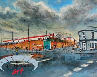 May include: A watercolor painting of a football stadium with fans walking by. The stadium is red and white with a green field. The sky is cloudy and gray. The painting is signed "2022" in the bottom right corner.