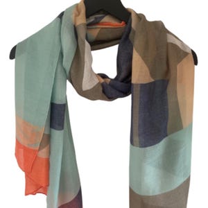 Green Scarf, Squares Stripes Design Scarf, Green Blue Coral Scarf, Pattern Scarves, Green Scarf, Summer Scarves, Lightweight Scarf