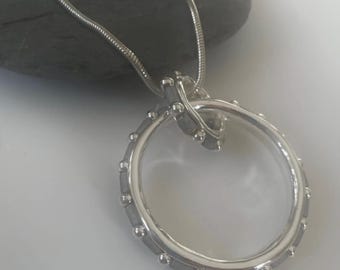 Boho Statement Necklace: Long Silver Circle Pendant, Bohemian Hippie Jewelry