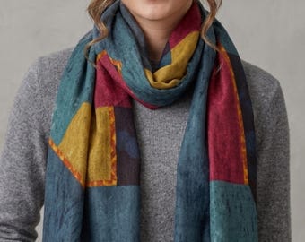 Teal Blue Viscose Scarf: Abstract Marble Print Boho Style