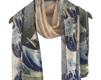 Silk Scarf, Great Wave Print Silk Scarf, Great Wave Silk Scarf, Silk Scarves, Artistic Silk Scarf, Blue Scarves, Artistic Great Wave Scarf