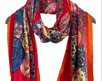 Silk Scarves, Retro Satin Silk Scarf, Circles Print Silk Scarf, Pinks Blues Cream Orange Silk Scarf, Multicolour Satin Silk Scarf Gift