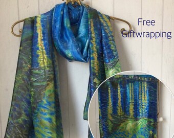 Starry Night Over The Rhône Print Silk Scarf, Starry Night Scarf, 100% Silk Scarf, Silk Gifts, Blue Silk Scarves, Artistic Scarves