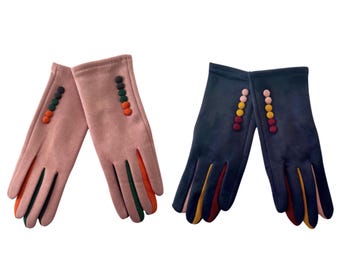 Suede Effect Gloves: Multicolour Fingers, Button Detail