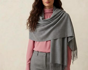 Charcoal Grey Wool Blend Pashmina Shawl: Soft Fringe Scarf