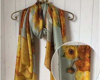 Van Gogh Sunflowers Silk Scarf,  Van Gogh Print Silk Scar, Sunflowers Silk Gift, 100% Silk Scarf, Yellow Sunflowers Van Gogh Print Scarf
